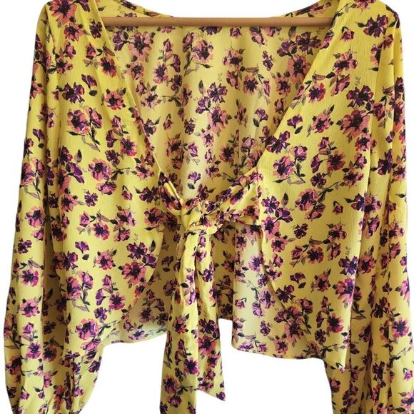 GB Tops - GB Yellow Floral Tie Front Crop Cardigan‎